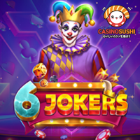 6 Jokersスロットゲーム：6x5グリッドにネオンフルーツと7のシンボルが並び、上部に特別なジョーカーリールがある赤いカーテン背景の画面