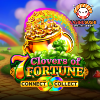 7 Clovers of Fortuneスロットゲーム：ラッキーレプラコーンと四つ葉のクローバーをテーマにしたリールと、特別な6列目が特徴的な画面