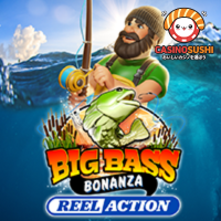 Big Bass Bonanza – Reel Actionスロットゲーム：5x3リールにトンボ、釣り糸などのシンボルが並び、魚のスキャッターとマネーシンボルが特徴的な水中背景の画面"