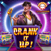 Crank It Upスロットゲーム：5x3リールにヘッドフォン、マイク、サングラスなどの音楽アイテムが並び、ブームボックスワイルドが特徴的なナイトクラブ背景の画面