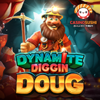 Dynamite Diggin Dougスロットゲーム：5x3リールに金鉱掘りテーマのシンボルが並び、ダイナマイトとプランジャーが特徴的な画面