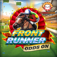 Front Runner Odds Onスロットゲーム：5x3リールに馬蹄、ロゼット、バッジなどの競馬シンボルが並び、トロフィーワイルドが特徴的な競馬場背景の画面