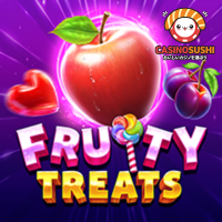 Fruity Treatsスロットゲーム：7x7グリッドにフルーツシンボルが並び、カラースポットによる乗数システムが特徴的な画面