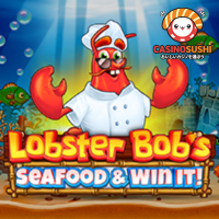 Lobster Bob's Sea Food and Win Itスロットゲーム：5x3リールにロブスターボブとシーフードシンボルが並び、Hold & Spinner機能とフリースピンが特徴的な海辺の屋台背景の画面