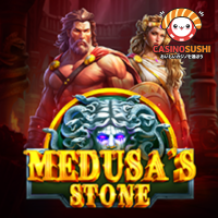 Medusa's Stoneスロットゲーム：3-4-4-4-3レイアウトに古代ギリシャの英雄シンボルが並び、メドゥーサと石化したワイルドシンボルが特徴的な画面