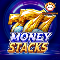 Money Stacksスロットゲーム：6x4リールにレトロなフルーツシンボルが並び、ダイヤモンドキャッシュシンボルとブームボックスワイルドが特徴的な画面"