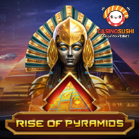 Rise of Pyramidsスロットゲーム：八角形ボードにSF風エジプトの神々が並び、ワイルドとマネーシンボルが特徴的な未来的エジプト背景の画面