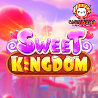 Sweet Kingdomスロットゲーム：7x7グリッドにケーキやドーナツなどのデザートシンボルが並び、宝箱とキーシンボルが特徴的なカラフルなキャンディーランド背景の画面"