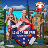 Land Of The Freeスロットゲーム：星条旗をバックに、ラングフォード家の日常と非日常が交錯する特徴的なアメリカンテーマの画面