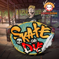 Skate or Dieスロットゲーム：ストリートスケートボードをテーマに、Chadと技のシンボルが特徴的なアーバン背景の画面