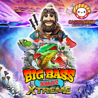 Big Bass Xmas Xtremeスロットゲーム：南極を背景に、ペンギン、釣り人、クリスマスプレゼントが特徴的なホリデーテーマの画面