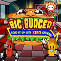 Big Burger Load it up with Xtra Cheeseスロットゲーム：5x3リールにハンバーガー、フライドポテト、ドリンクのシンボルが並び、ケチャップとマスタードの特別機能が特徴的なダイナー背景の画面"