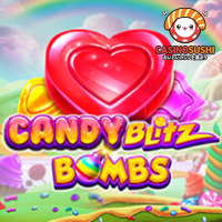 Candy Blitz Bombsスロットゲーム：6x5グリッドにポップキャンディーと乗数爆弾が並び、虹色の乗数リールが特徴的なカラフルな画面